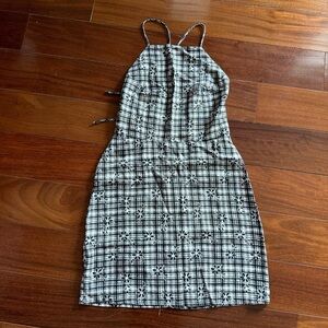 NWT Urban Outfitters Black and White Plaid Floral Halter Mini Dress